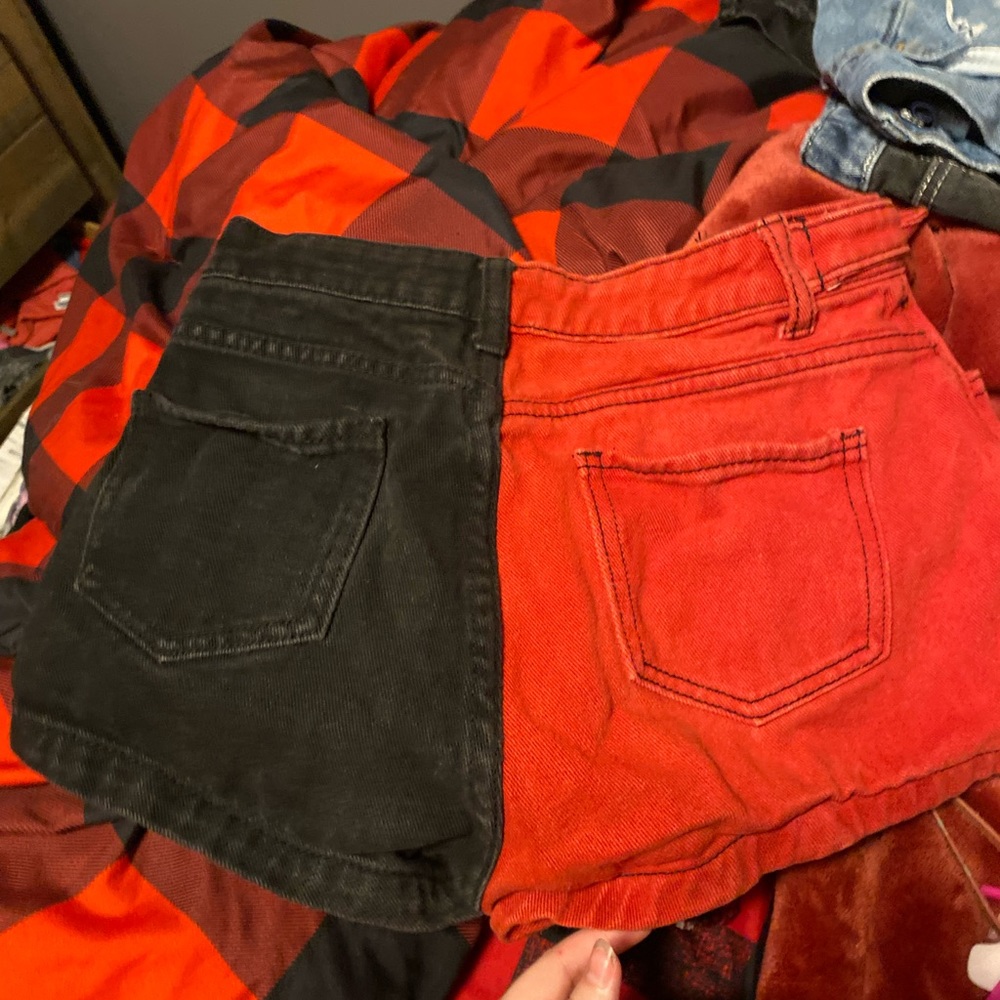 half red half black shorts